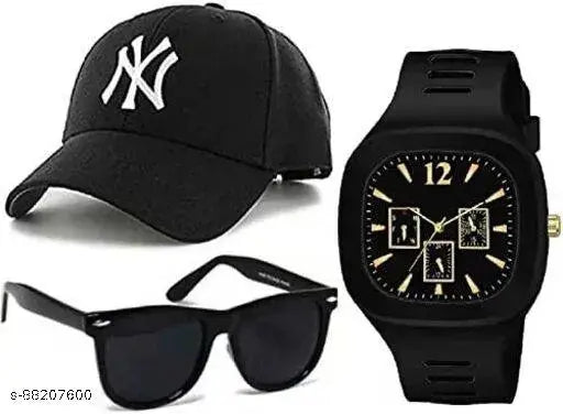 Multicolor Sbaprime men's cap watch & sunglasses combo, free size cotton baseball cap with embroidered net pattern