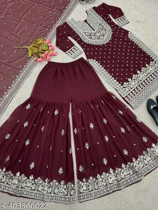 Burgundy and gold embroidered sequined blouse with matching dupatta set, fully stitched, ready to wear