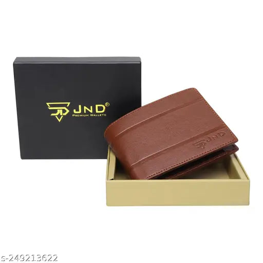 Faux leather JnD Men's bi-fold wallet, solid design with 3 card slots, coin pocket, and self-designed name slot. Durable and elegant accessory for gifting. Made in India