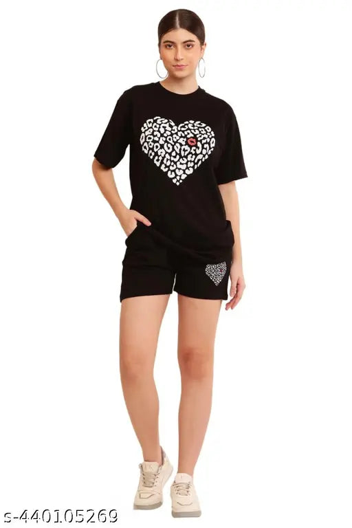 Black pure cotton printed Samiksha Fashion women's nightsuit set (top & shorts), high-quality 180 GSM, perfect for lounging or sleep