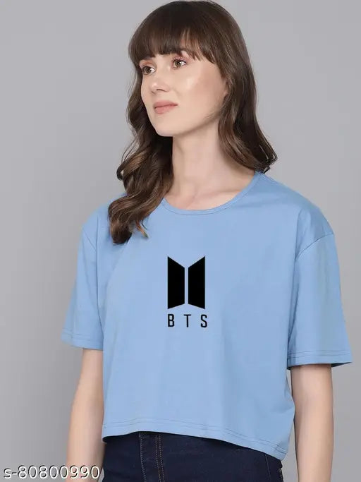 Blue cotton blend BTS printed round t-shirt for women, casual and comfortable