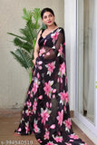 Georgette saree with unstitched blouse, featuring pink floral pattern