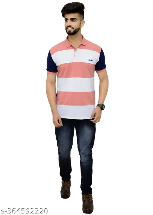 3BROS Striped Polo Neck Short Sleeves Cotton Blend Multicolour Stylish Fashionable & Comfortable Trendy Graphic Mens T-shirts