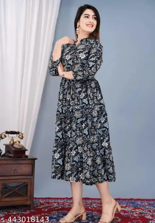 Blue printed rayon flared kurti for women with three-quarter sleeves, vibrant Indian design on a single size