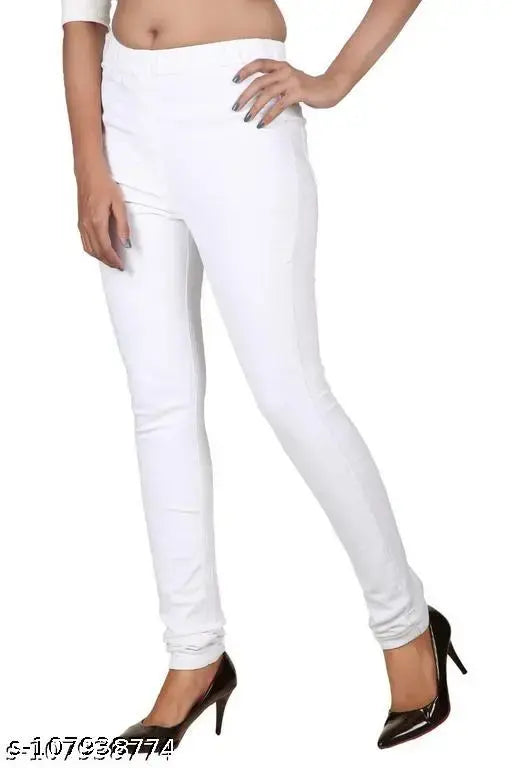Denim PLUS SIZE Lycra Jeggings, solid white for women's high-rise stretch fit, versatile style with size chart available