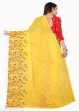 Yellow georgette saree with pink embroidery, red blouse