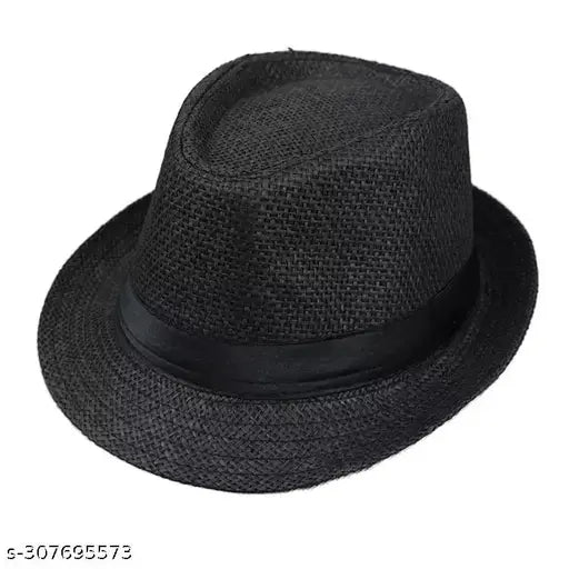 Black straw trilby/fedora hat, men's khaki design with brand logo, one size fits all, stylish and packable for travel