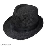 Black straw trilby/fedora hat, men's khaki design with brand logo, one size fits all, stylish and packable for travel