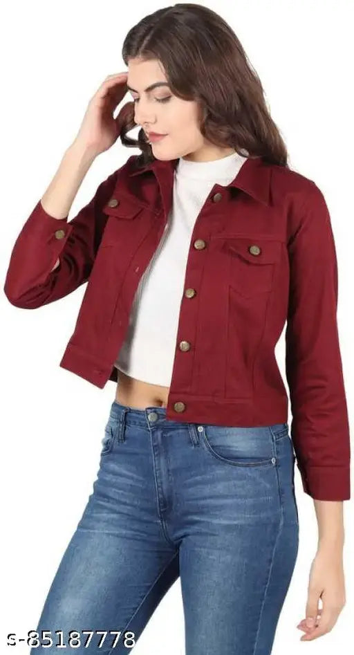 Maroon denim jacket, stylish and glamorous for women