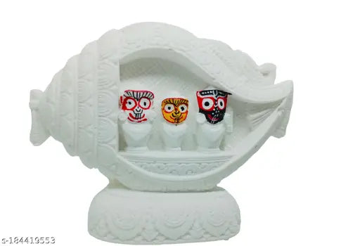 White marble handicraft vignu idol Lord Jagannath, Balabhadra, and Devi shubhadra with intricate detailing, 2.5' height