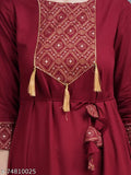 Red rayon anarkali kameez with embellishments and fringe detailing