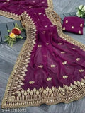Maroon georgette duragapuja saree with mirror work and pallu, long sleeves, 5m length, traditional outfit