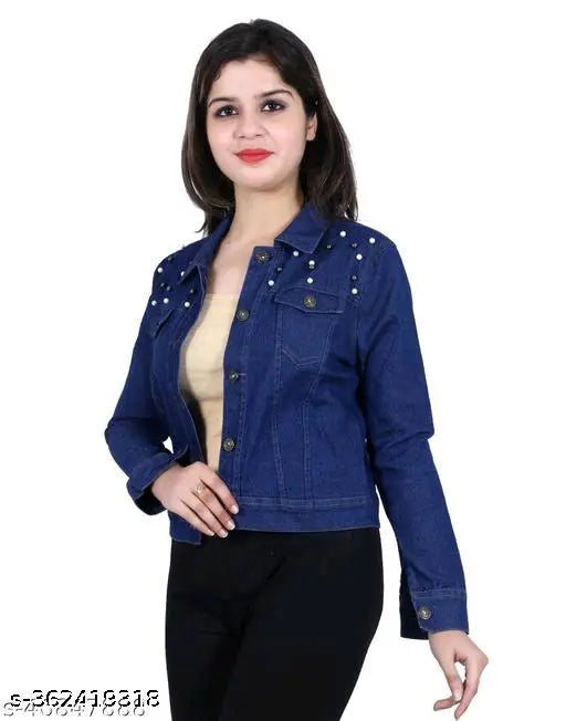 Stylish denim jacket for women/girls, solid-colored, long sleeves - size S (bust 36in, length 19in), made in India