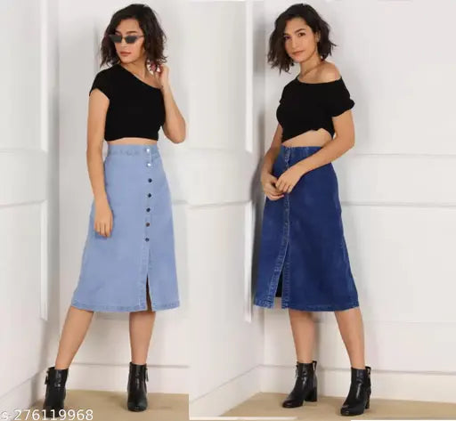 Women's solid A-line denim combo skirt set, featuring two skirts - one light and one dark, both made of denim. Sizes include 28, 30, 32, 34, 36, 38, 40 (waist size: corresponding number, length size: 30 in). Indian-made denim skirts