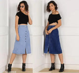 Women's solid A-line denim combo skirt set, featuring two skirts - one light and one dark, both made of denim. Sizes include 28, 30, 32, 34, 36, 38, 40 (waist size: corresponding number, length size: 30 in). Indian-made denim skirts