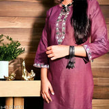 Purple woolen embroidered kameez for women. Traditional Indian attire with matching dupatta