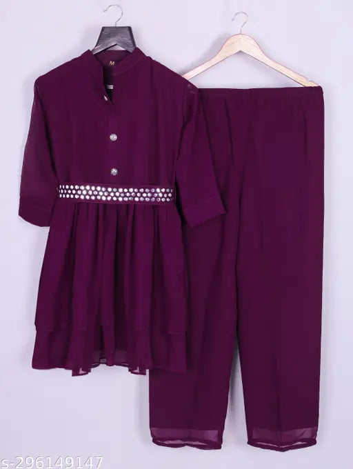 Georgette kurta set in solid color, three-quarter sleeves with palazzo bottoms - new Indian fashion
