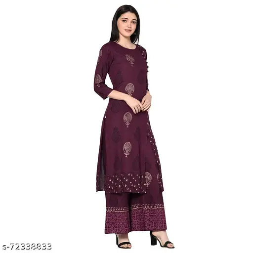 Wine Rayon Block print straight kurta, 3/4 sleeves, perfect for festive/wedding wear. Indian ethnic wear in SMLXL2XL3XL sizes