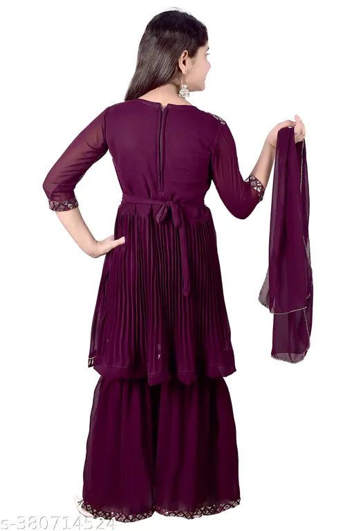 Girls Sharara set georgette clothing: Embellished A-line top with long sleeves, wide-legged palazzos, and matching dupatta. Traditional Indian ethnic outfit for young girls (4-12 years)