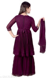 Girls Sharara set georgette clothing: Embellished A-line top with long sleeves, wide-legged palazzos, and matching dupatta. Traditional Indian ethnic outfit for young girls (4-12 years)