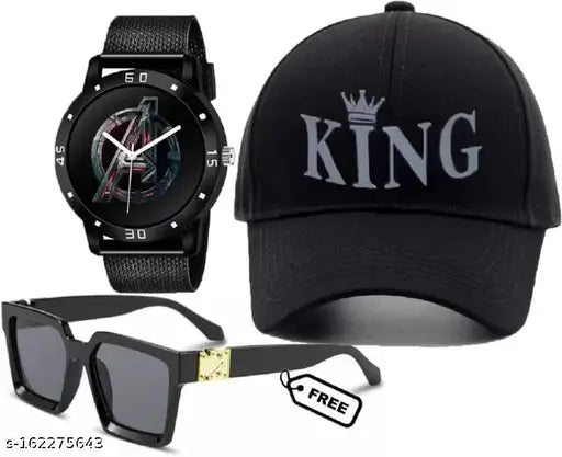 3D RUBBER PRINTED KING CAP+ BLACK POLARIZED LENS BADSHAH SUNGLASS + AVENGER PRINTED DIAL BLACK STRAP ANLOG WATCH, COMBO PACK, CAP SET, SPECIAL GIFT PACK FOR MEN & BOYS.