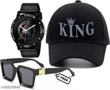 3D RUBBER PRINTED KING CAP+ BLACK POLARIZED LENS BADSHAH SUNGLASS + AVENGER PRINTED DIAL BLACK STRAP ANLOG WATCH, COMBO PACK, CAP SET, SPECIAL GIFT PACK FOR MEN & BOYS.
