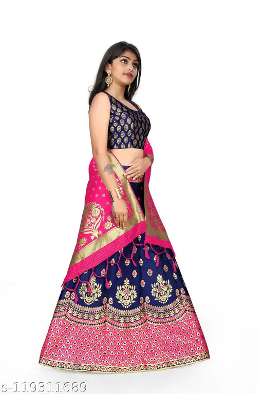Chanderi Silk Banarasi lehenga set, semi-stitched and stitched net with free size up to 42 inches (Lehenga waist and height), paired with blouse and dupatta in Banarasi Jacquard Silk, machine washable, handcrafted from India