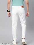 White denim pants with brown leather details, casual style