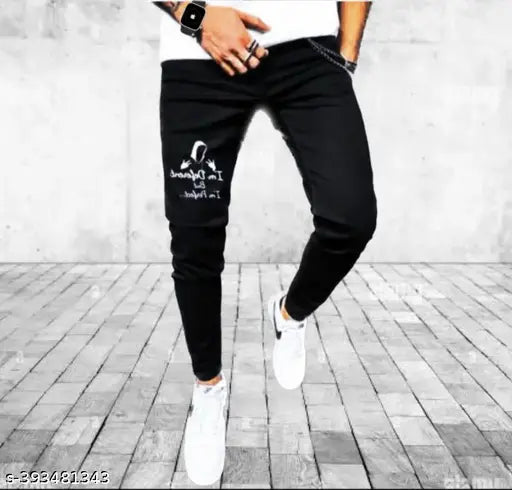 Black denim men's jeans with funky placement print, size 28/30/32 from India