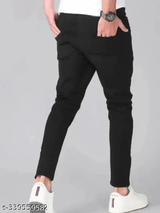 Men's black cotton blend dashing jeans, stretchable, comfortable fit, versatile style, exceptional value, and durable. Size: 26 (Waist 28, Length 39, Hip 30), 28 (Waist 28, Length 39, Hip 30), 30 (Waist 30, Length 39, Hip 32), 32 (Waist 32, Length 39, Hip 34). Made in India