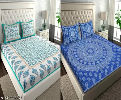Blue and white Jaipuri cotton double bed sheet combo with 4 pillow covers.
