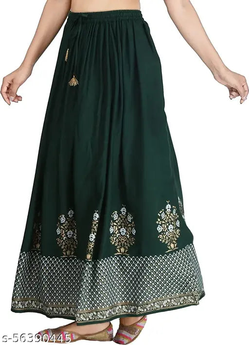 Green rayon Fancy Glamarous Women's Western skirt with Jaipuri gold printed long full-length design, perfect for weddings and parties. Hand and machine washable, free size (waist 38-40in, length 40in). Made in India