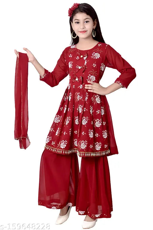 Maroon ethnic floral print Anarkali Sharara dupatta set for girls, popular ethnic kids wear in India
