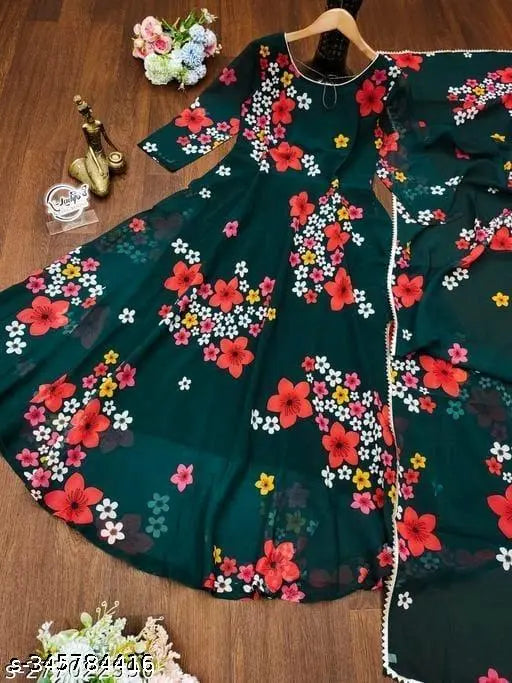 A new flared georggatte kameez with black and floral print