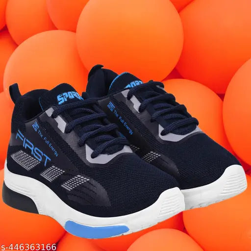Stylish lightweight sports shoes with a black and blue color scheme, suitable for running, walking, or gym use. Designed for men and boys