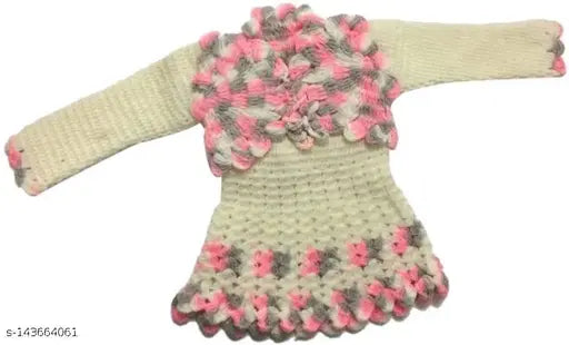 Handmade woolen frock cum sweater for baby girls, printed net pattern, long sleeves, Indian origin