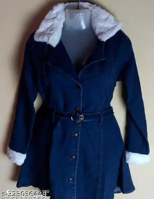 Dark blue denim jacket with white fur lining and belted waist