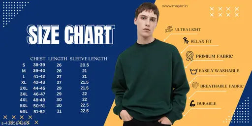 Polycotton oversized long sleeves t-shirt for men, solid pattern in various sizes from S to 6XL. Comfortable fit for winter wear, made in India