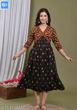 Black rayon anarkali gown, printed combo, three-quarter sleeves - ideal for Indian festivities and parties