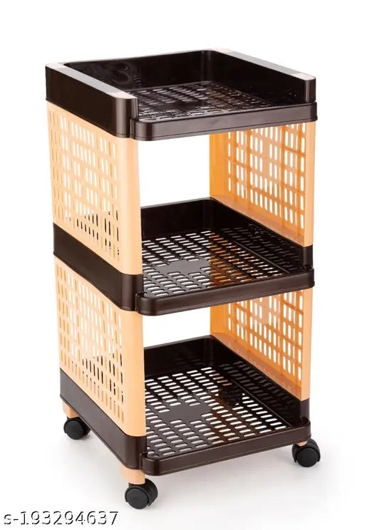 Brown and ivory three-tier plastic storage organizer for kitchen and office racks with wheels