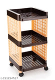 Brown and ivory three-tier plastic storage organizer for kitchen and office racks with wheels