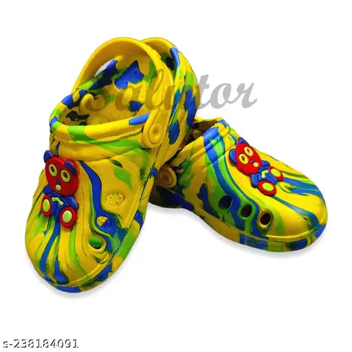 Yellow kids clogs with blue and green accents