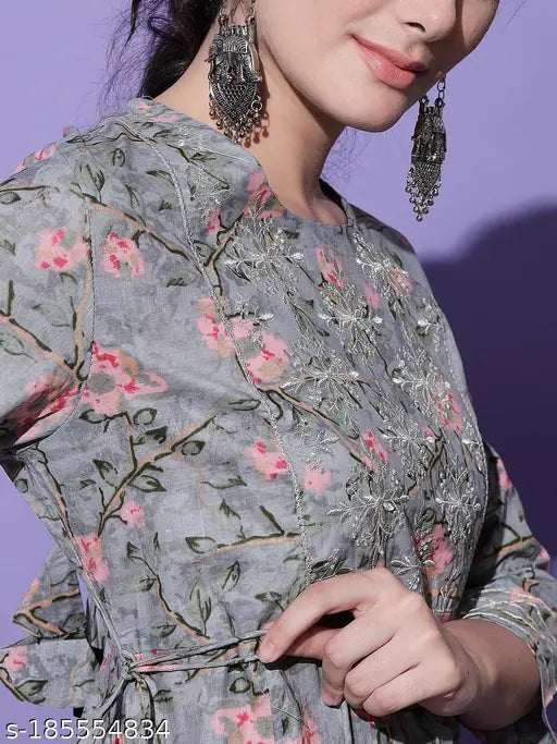 Deep neck Anarkali kurta, floral embroidery, women's fashionable print dress