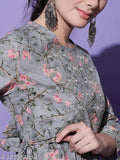 Deep neck Anarkali kurta, floral embroidery, women's fashionable print dress