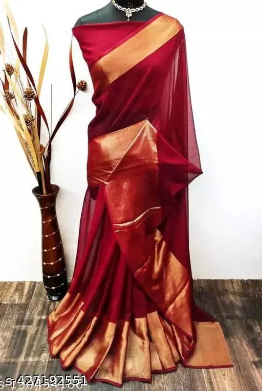 Maroon chiffon Kerala-South sari with solid pattern, Indian-made viscose fabric and running blouse