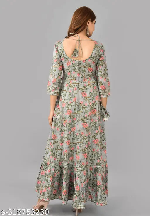 Womens Embroidered Printed Long Anarkali Dress Deep V-Neck