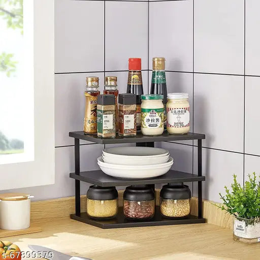 Black metal 3-tier corner shelf, stainless steel kitchen rack for plates and dishes organization
