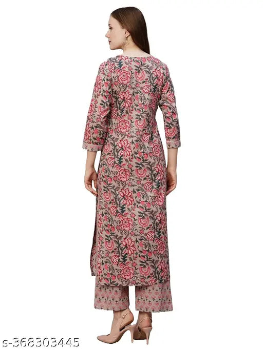 Blue cotton blend printed straight kurta with palazzos for women, three-quarter sleeves, India origin