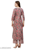 Blue cotton blend printed straight kurta with palazzos for women, three-quarter sleeves, India origin