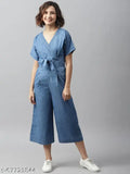 Blue denim v-neck jumpsuit for women, short sleeves, solid pattern, made in India
